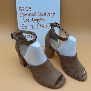 Chinese Laundry Women Sz 8 Tan Suede Studded Cork Block Heel Ankle Strap Sandals